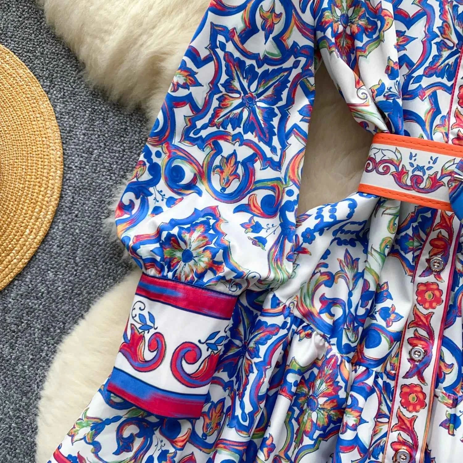 Long Lantern Sleeve Floral Print Short Shirt Dress