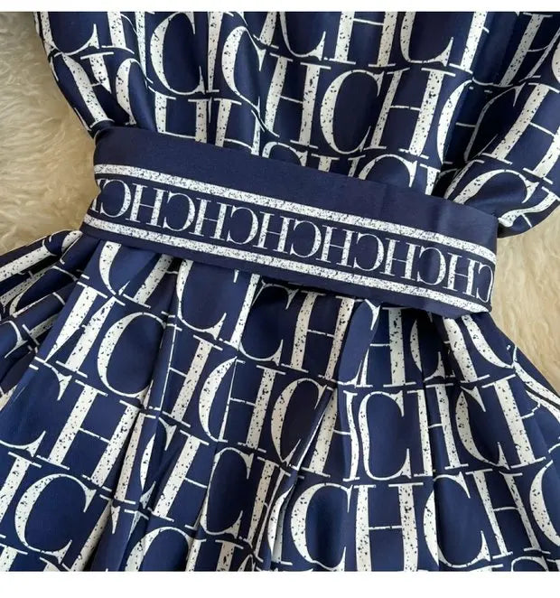 Spring Autumn Korean Sle Long Sve Turn-down Collar Slimming A-line Printed irt Dr Retro Maturi Waist-cinching