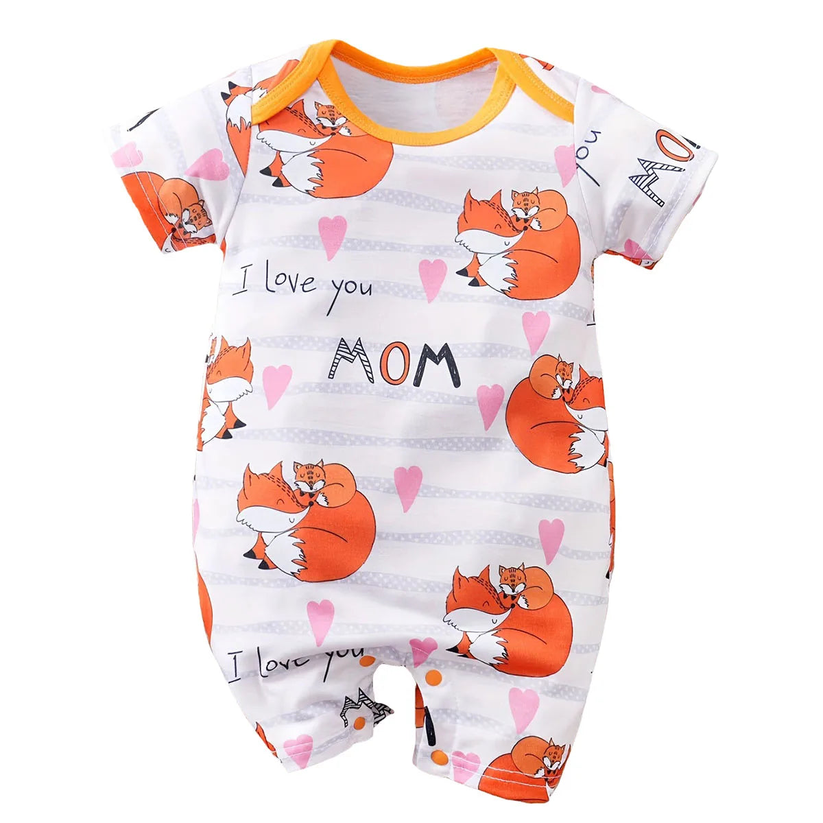 Adorable Baby Fox Print I Love You Mommy Bodysuit Short Sleeve Romper