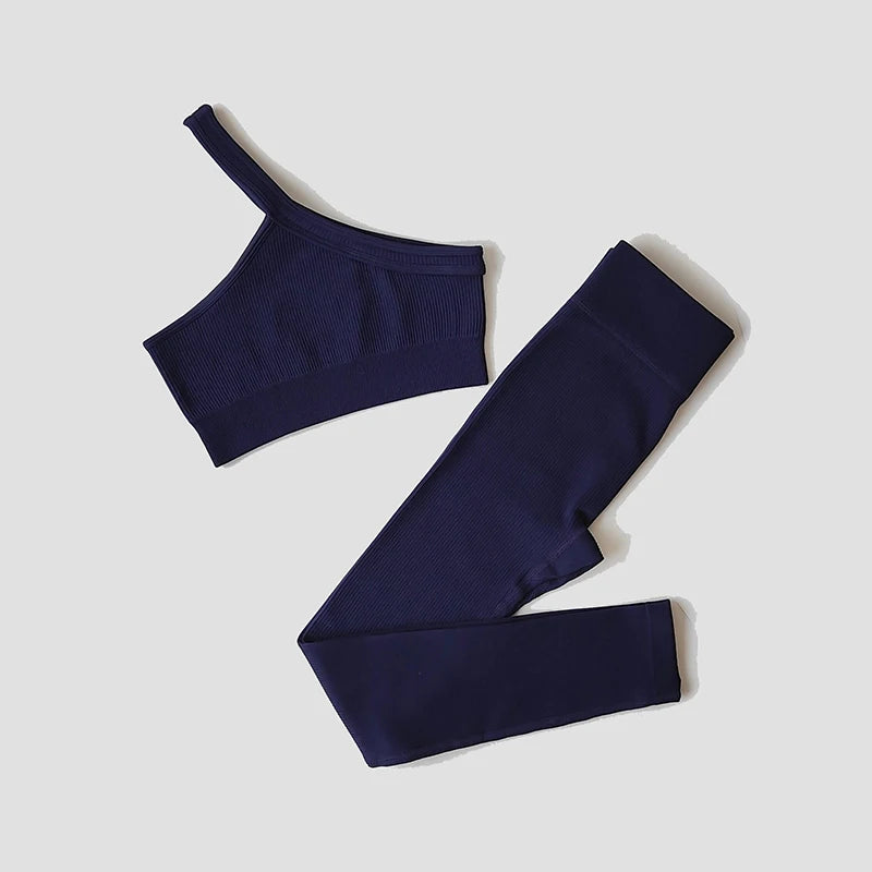 Women Long Sleeve Crop Top + One Shoulder Bra + High Waist Seamless Leggings Sportswear Set