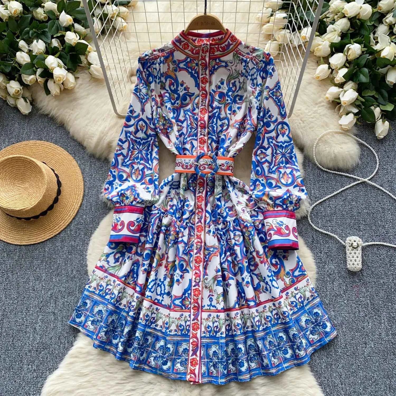 Long Lantern Sleeve Floral Print Short Shirt Dress