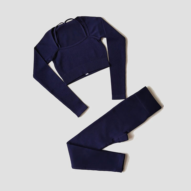 Women Long Sleeve Crop Top + One Shoulder Bra + High Waist Seamless Leggings Sportswear Set