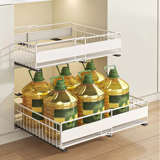 2 Pack Expandable Pull Out Cabinet Organizer,3 Slide Rails Slide Out Drawers, Roll Out Shelves Adhesive,Adjustable Width