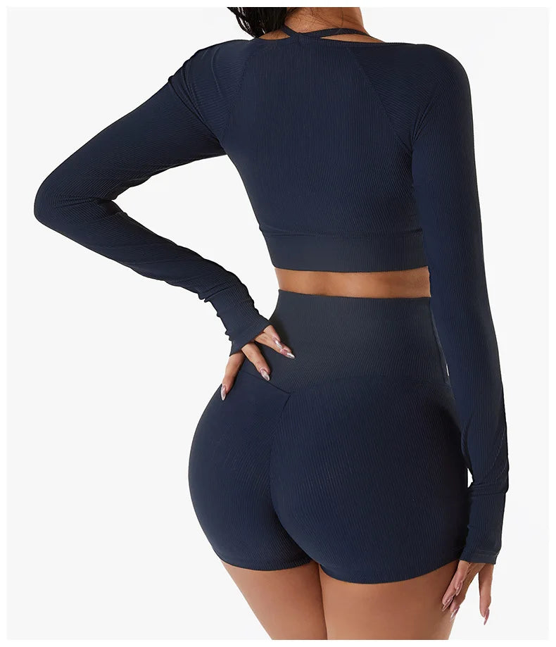 Women Long Sleeve Crop Top + One Shoulder Bra + High Waist Seamless Leggings Sportswear Set