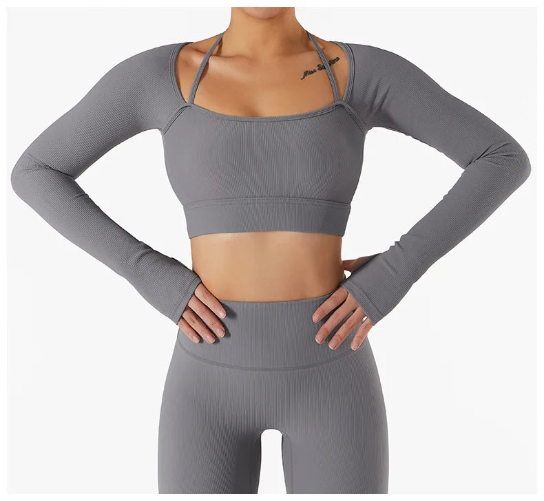 Women Long Sleeve Crop Top + One Shoulder Bra + High Waist Seamless Leggings Sportswear Set