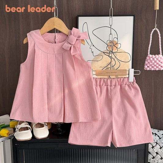 Sweet Pink Girls Summer Outfit - Sleeveless Bow Decoration Pleated Vest + Shorts 2Pcs Casual Set