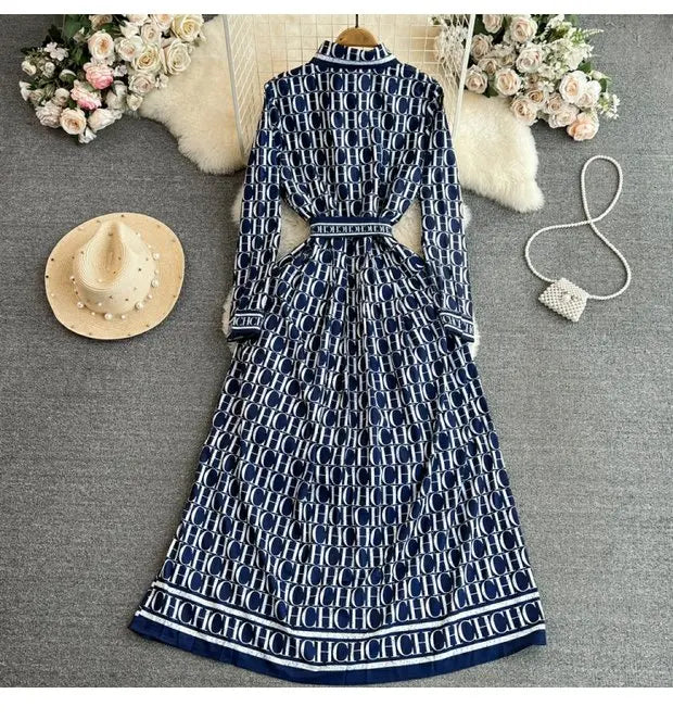 Spring Autumn Korean Sle Long Sve Turn-down Collar Slimming A-line Printed irt Dr Retro Maturi Waist-cinching