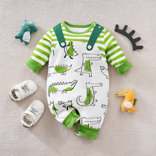 Spring And Autumn Unisex Cute Cartoon Strap Crocodile Printed Cotton Comfortable Long Sleeve Baby Bodysuit