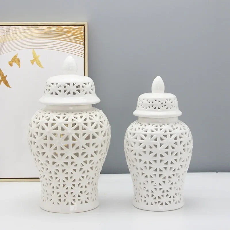 Modern Hollow Ceramic Ginger Jar Lid Home Decoration Vase and Ornaments