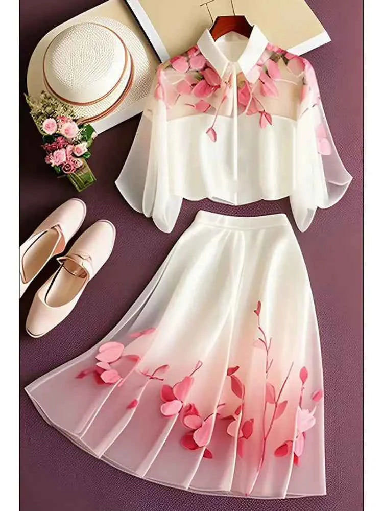 Temperament Blouse Skirts Two Piece Sets Lady Chiffon Clothes