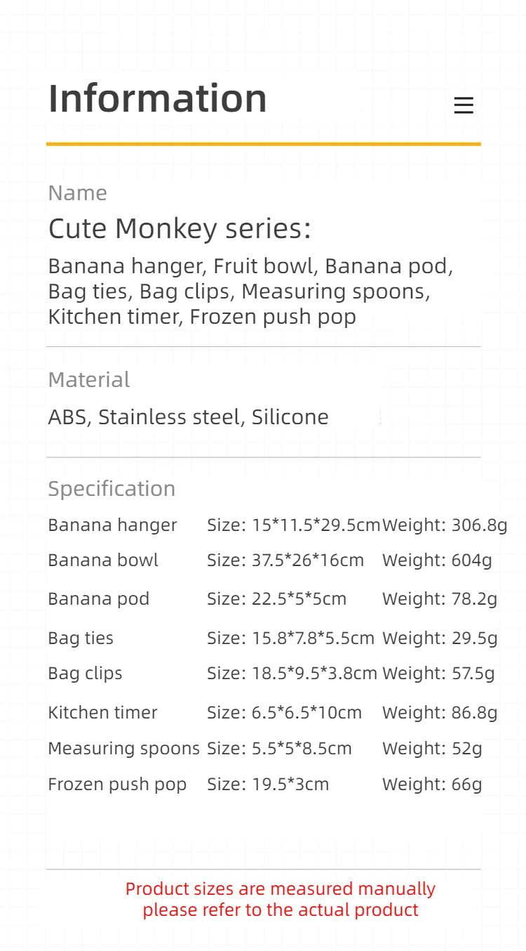 Joie Monkey Series - Banana hanger / Fruit Bowl / Timer / Measuring Spoon / Banana Holder / Clipsr