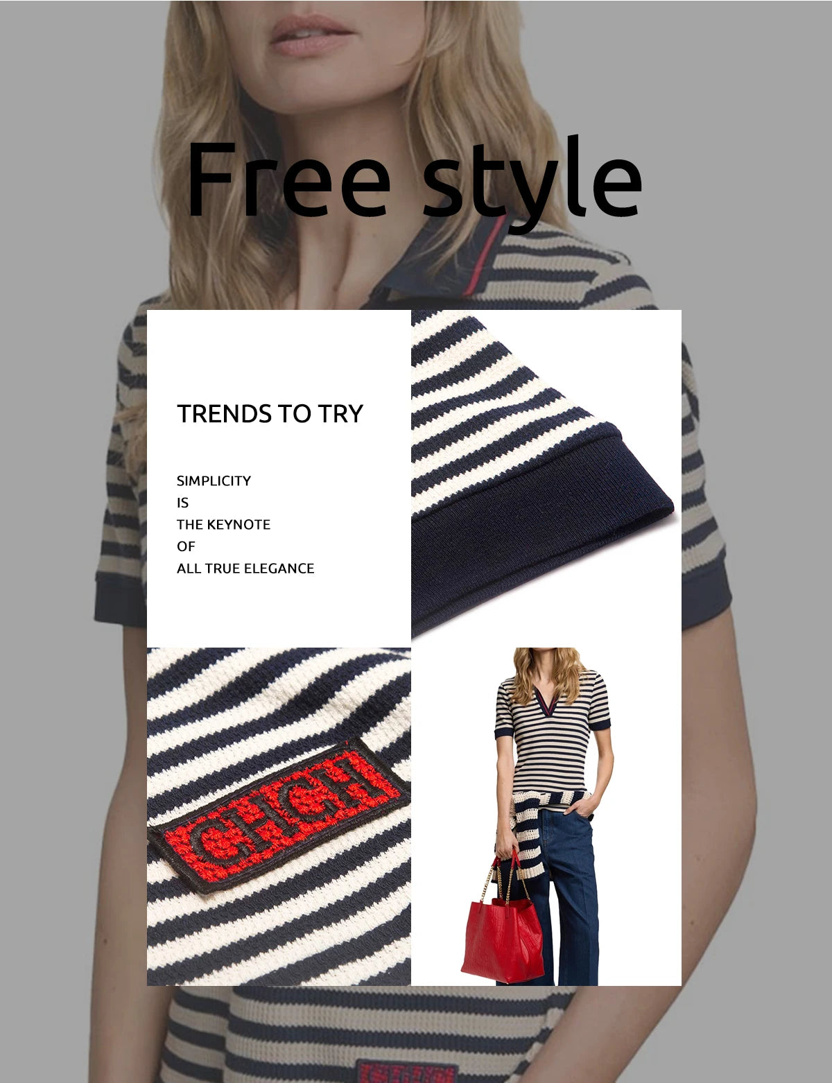 CH Women Stripe Knitted Chic Short Sleeve Polo Shirt