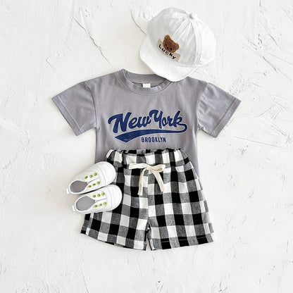 Girls 2Pcs Letter Printed T-shirt+Checkered Shorts