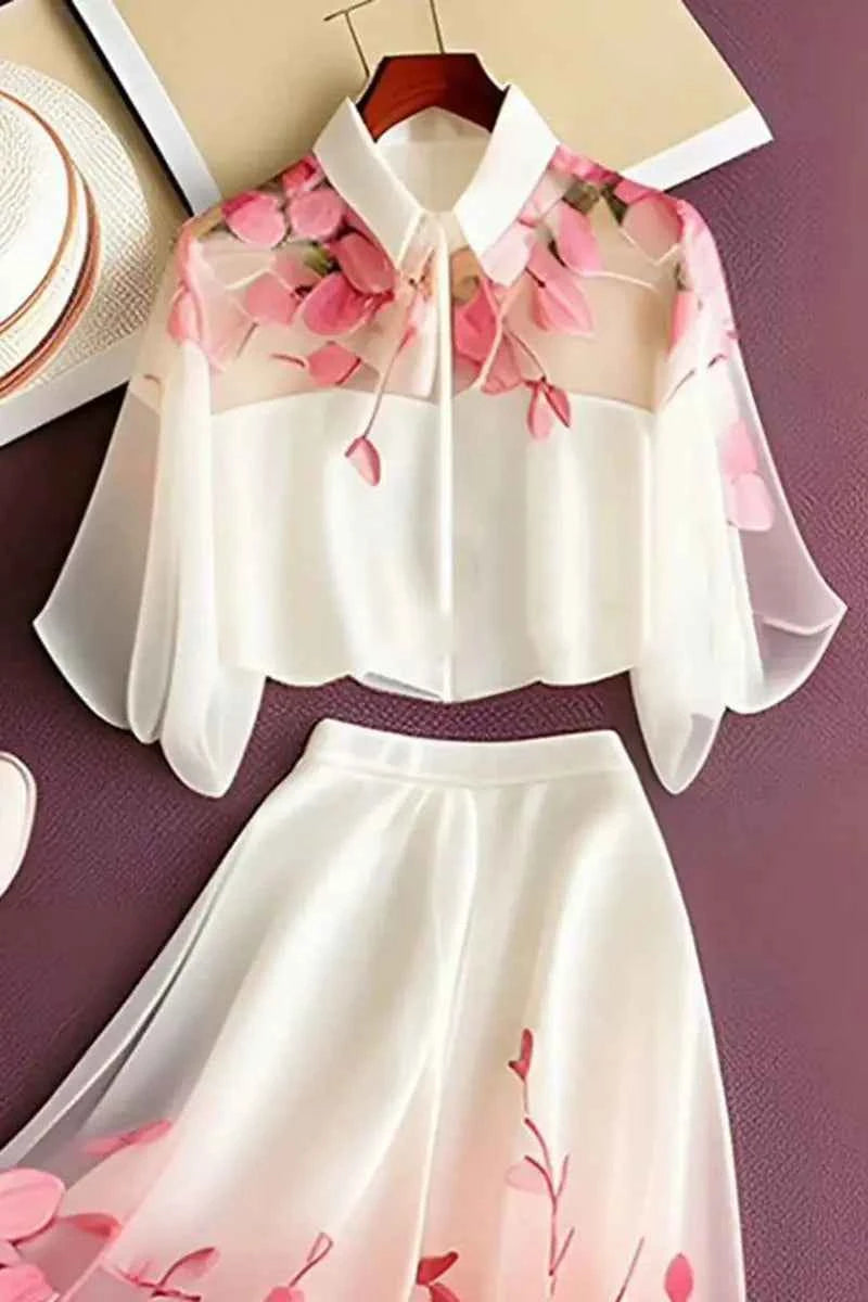 Temperament Blouse Skirts Two Piece Sets Lady Chiffon Clothes