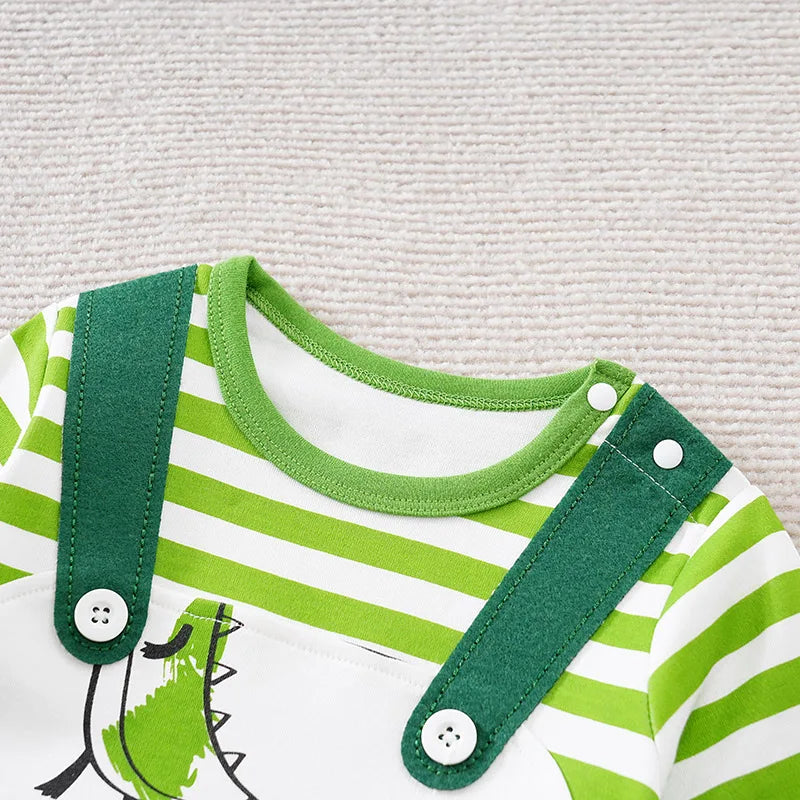 Spring And Autumn Unisex Cute Cartoon Strap Crocodile Printed Cotton Comfortable Long Sleeve Baby Bodysuit