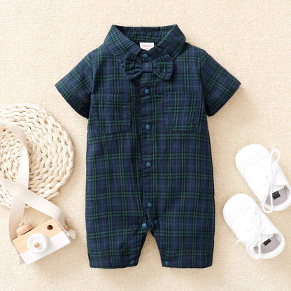 Baby Boy Plaid Gentleman Romper with Bow Tie