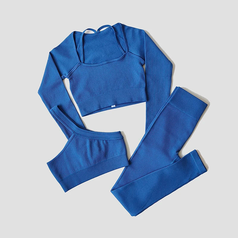 Women Long Sleeve Crop Top + One Shoulder Bra + High Waist Seamless Leggings Sportswear Set