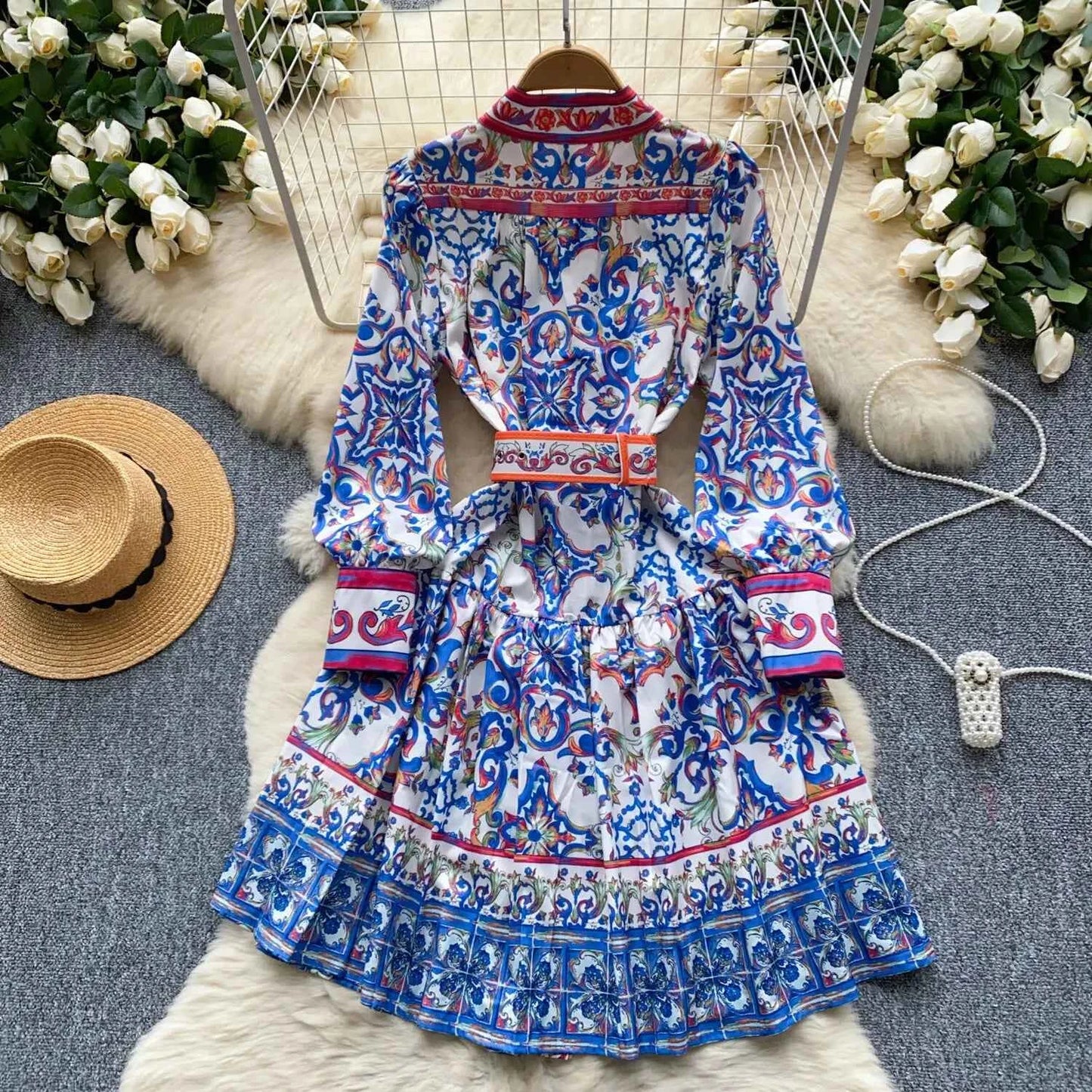 Long Lantern Sleeve Floral Print Short Shirt Dress