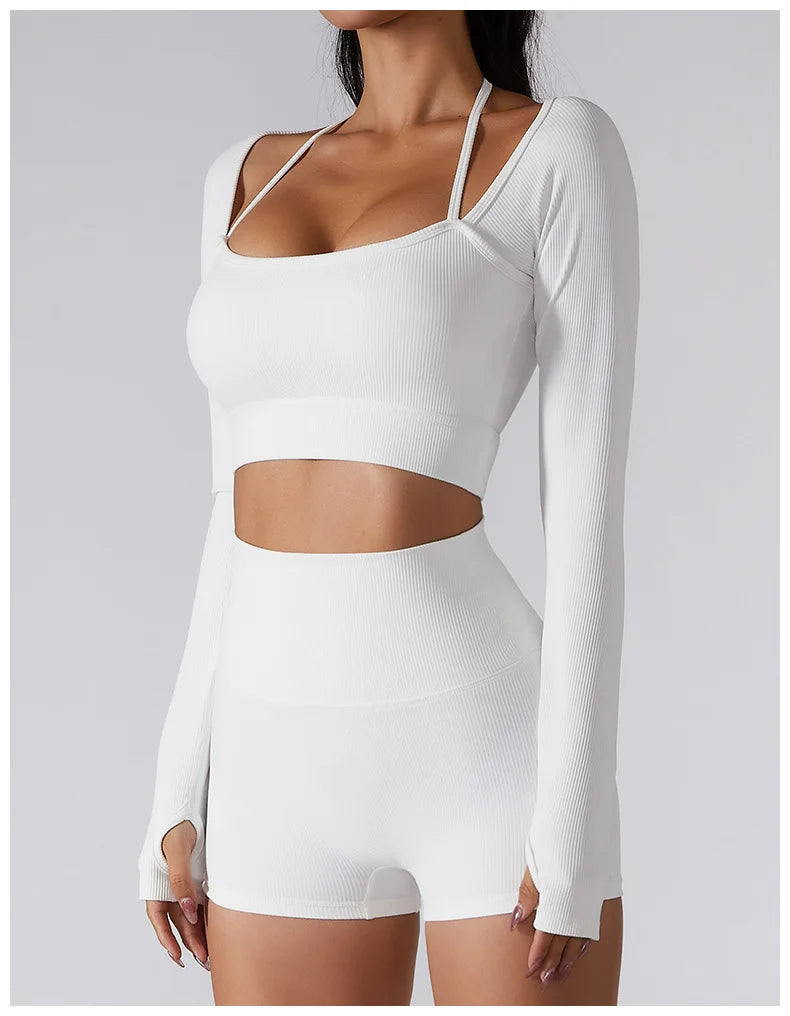 Women Long Sleeve Crop Top + One Shoulder Bra + High Waist Seamless Leggings Sportswear Set