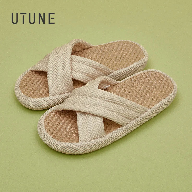 UTUNE Mute Linen Slippers - Japanese Mesh Style