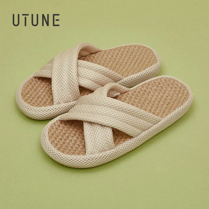 UTUNE Mute Linen Slippers - Japanese Mesh Style