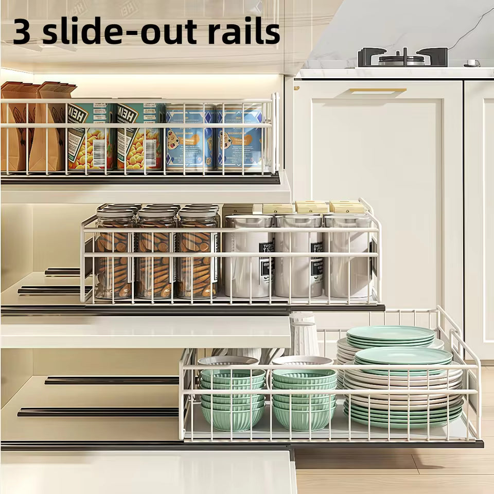 2 Pack Expandable Pull Out Cabinet Organizer,3 Slide Rails Slide Out Drawers, Roll Out Shelves Adhesive,Adjustable Width