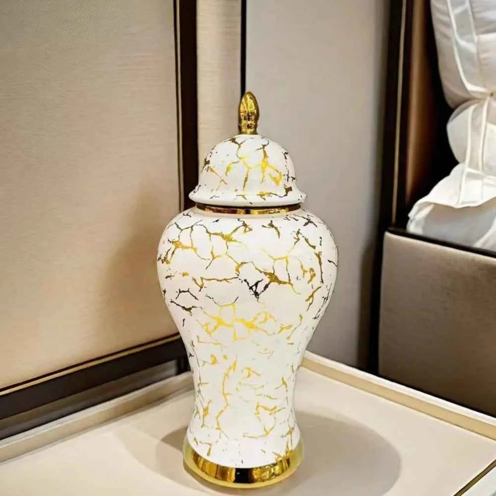 Gold Marble Porcelain Ginger Jar Home Decorative Vase