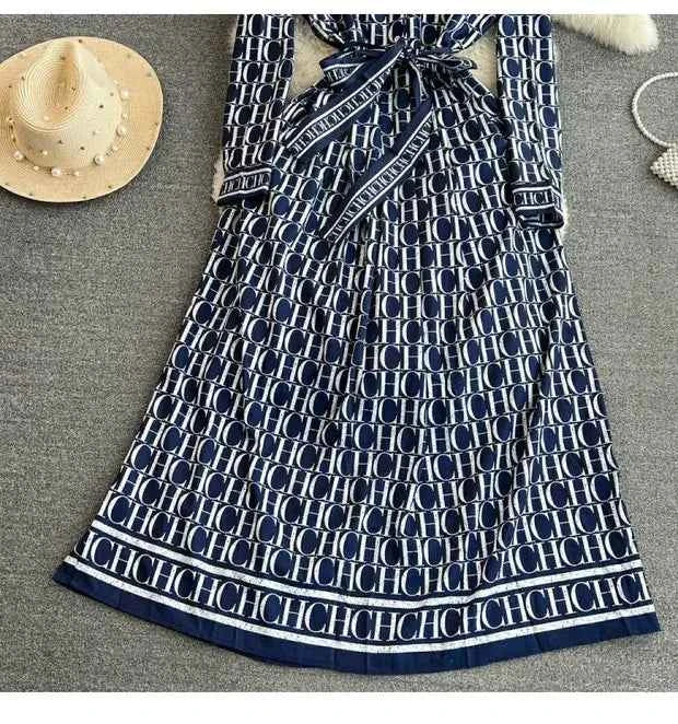 Spring Autumn Korean Sle Long Sve Turn-down Collar Slimming A-line Printed irt Dr Retro Maturi Waist-cinching