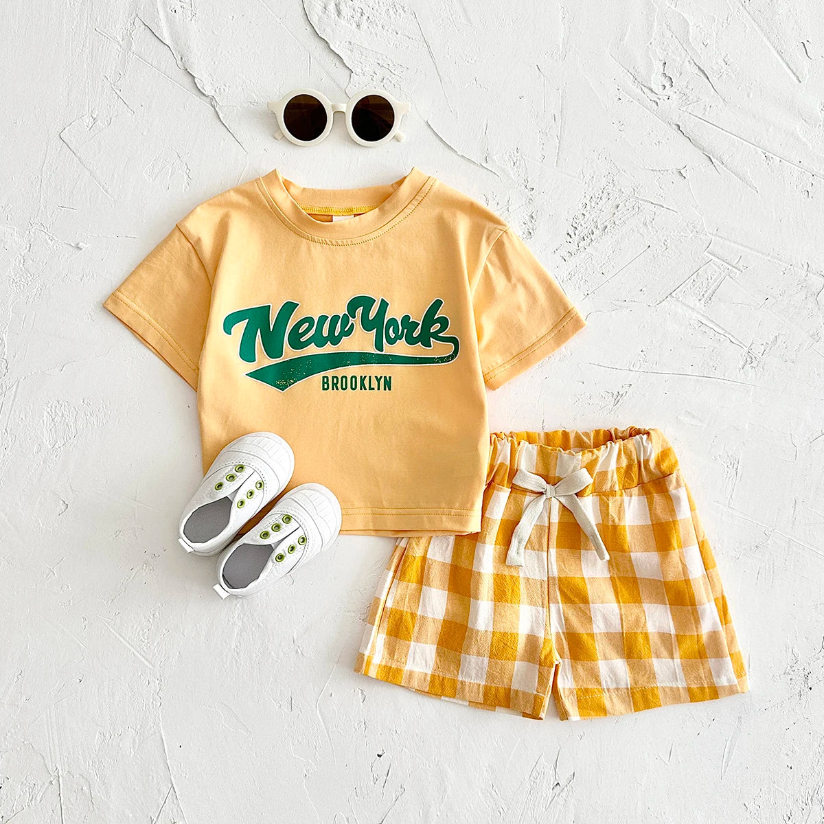 Girls 2Pcs Letter Printed T-shirt+Checkered Shorts