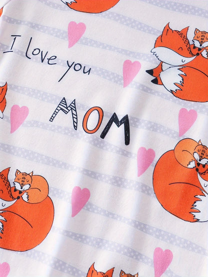 Adorable Baby Fox Print I Love You Mommy Bodysuit Short Sleeve Romper