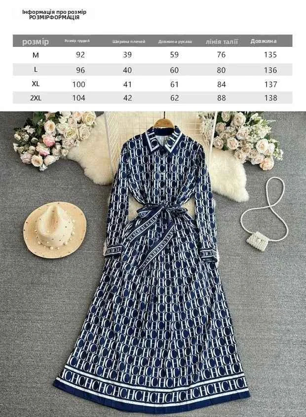 Spring Autumn Korean Sle Long Sve Turn-down Collar Slimming A-line Printed irt Dr Retro Maturi Waist-cinching