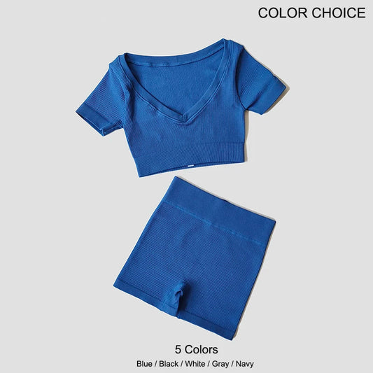 Women Hight Waist Seamless Sports Shorts + Sport Crop Top Set