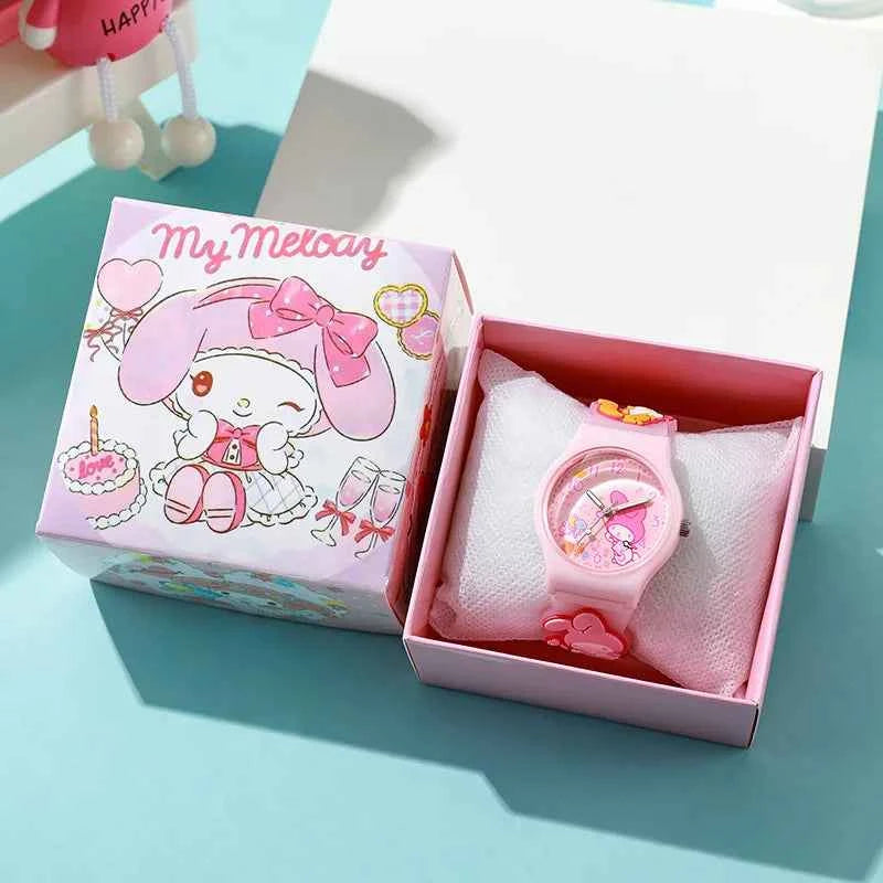 3D Hello Kitty Children Watches with box Cinnamoroll Kuromi Melody Girls Watch Anime Action Figures Model Toys Kid Clock Gift
