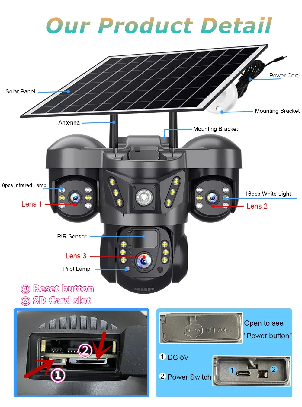 15MP Pro Wifi Solar  Security  Camera Triple Lens 10X Zoom Auto Tracking Outdoor Two way Audio Waterproof Cam