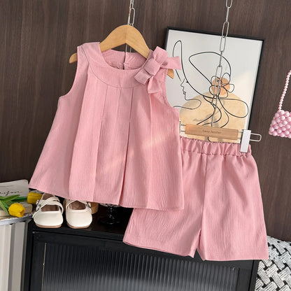 Sweet Pink Girls Summer Outfit - Sleeveless Bow Decoration Pleated Vest + Shorts 2Pcs Casual Set