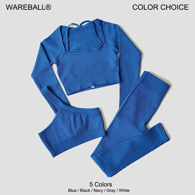 Women Long Sleeve Crop Top + One Shoulder Bra + High Waist Seamless Leggings Sportswear Set