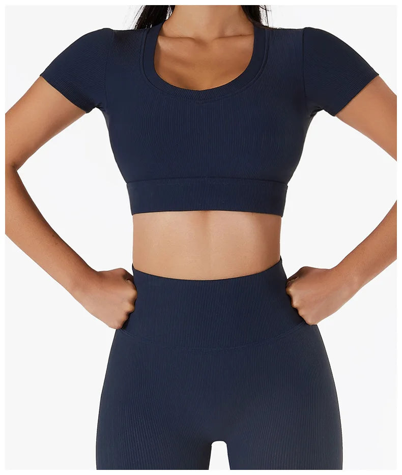 Women Hight Waist Seamless Sports Shorts + Sport Crop Top Set