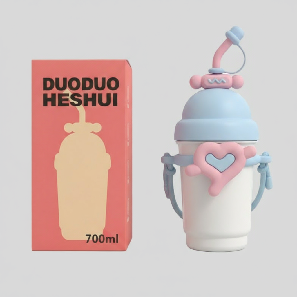 700ml Sunflower and Heart 316 Stainless Steel Water Bottle with Straw