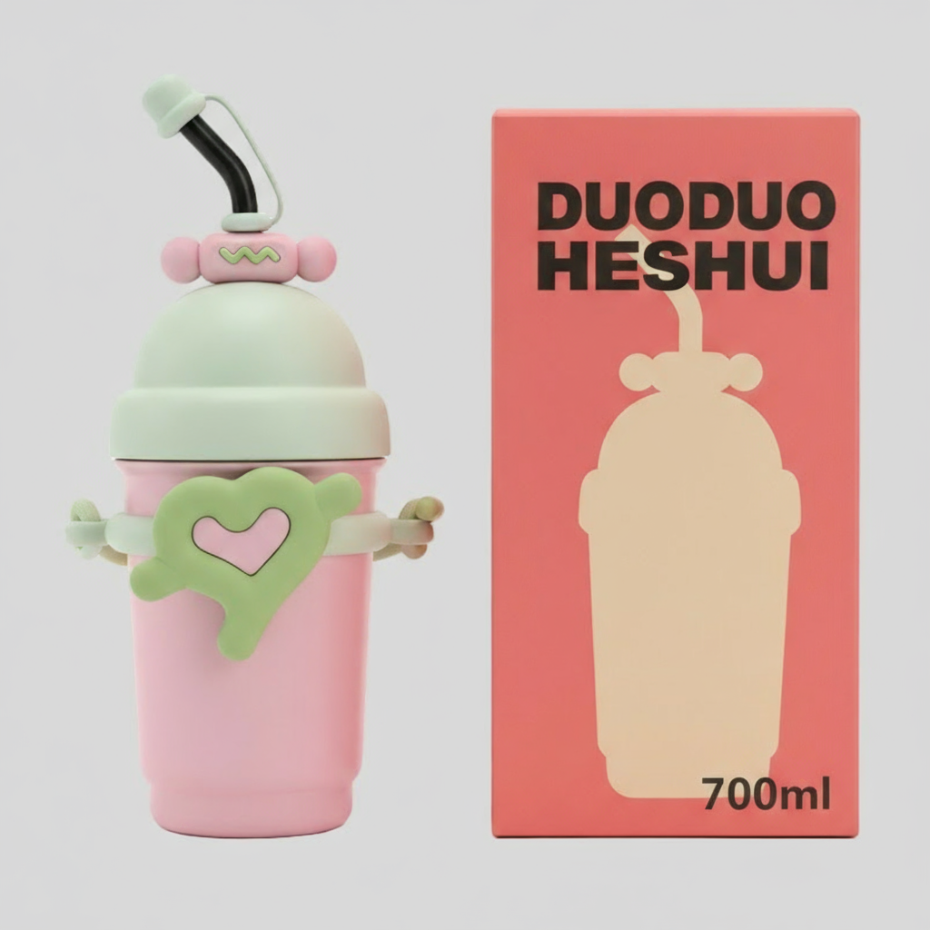 700ml Sunflower and Heart 316 Stainless Steel Water Bottle with Straw