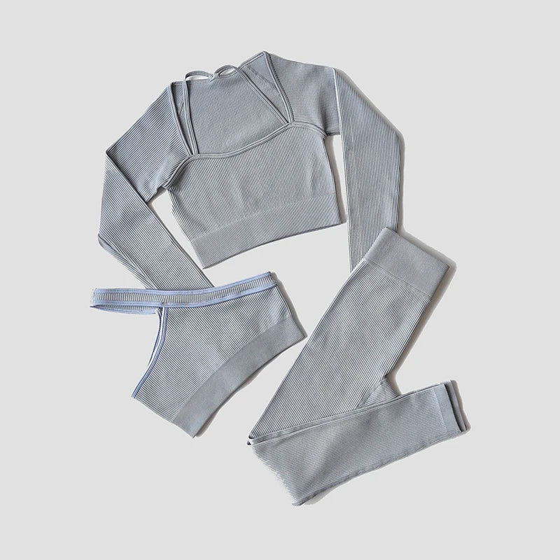 Women Long Sleeve Crop Top + One Shoulder Bra + High Waist Seamless Leggings Sportswear Set