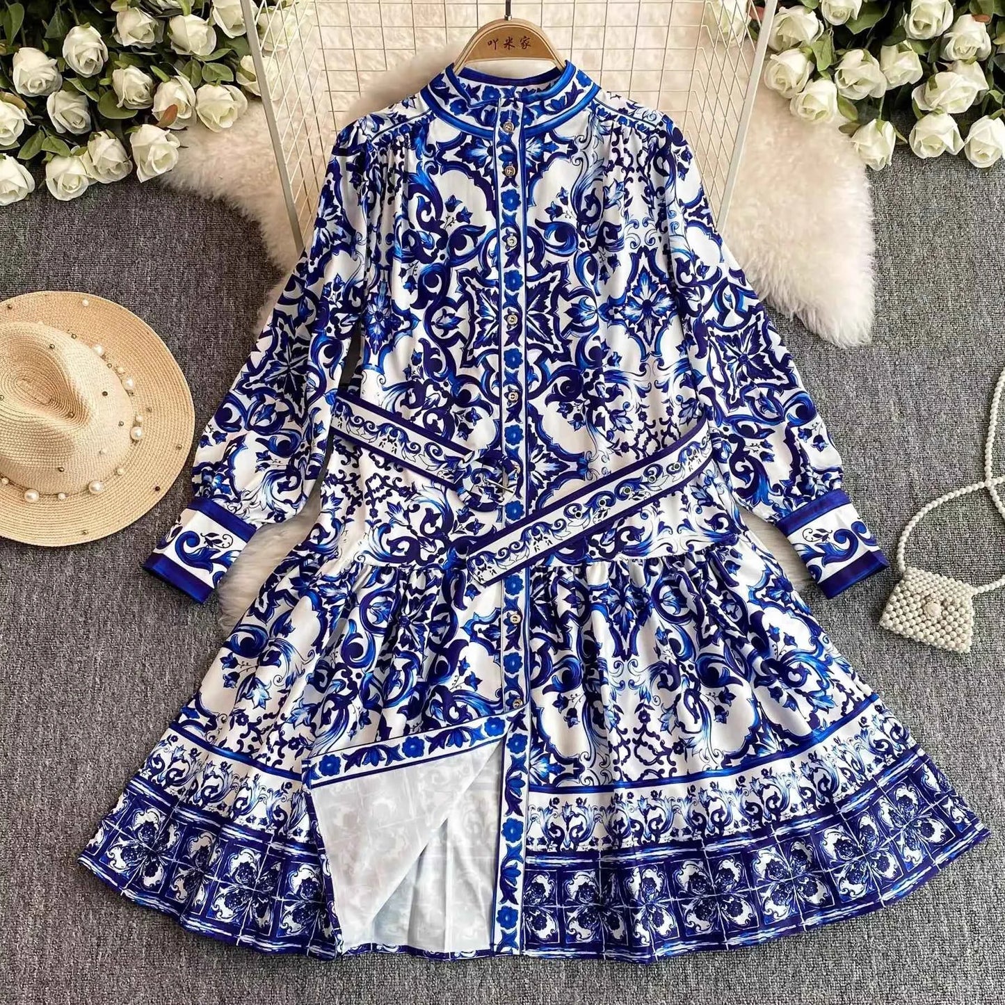 Long Lantern Sleeve Floral Print Short Shirt Dress