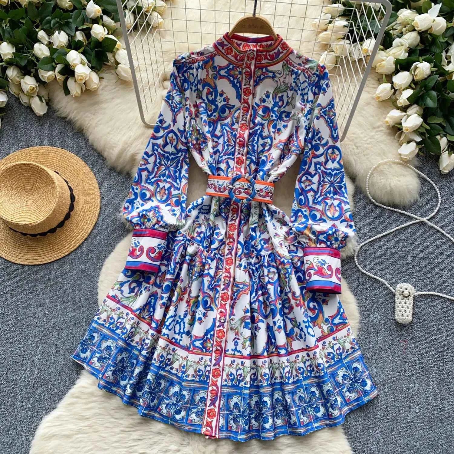 Long Lantern Sleeve Floral Print Short Shirt Dress
