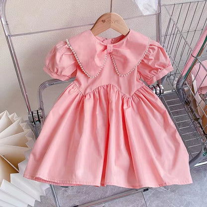 Sommer Kinder Prinzessin Revers Kurzarm Kleider 