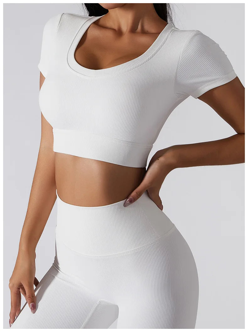 Women Hight Waist Seamless Sports Shorts + Sport Crop Top Set