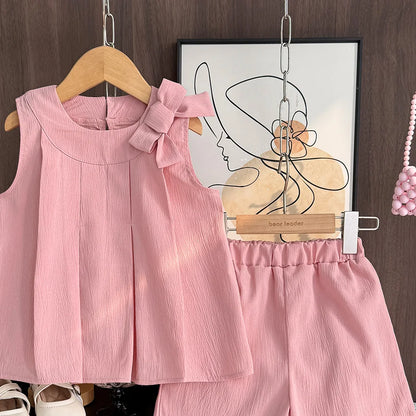 Sweet Pink Girls Summer Outfit - Sleeveless Bow Decoration Pleated Vest + Shorts 2Pcs Casual Set