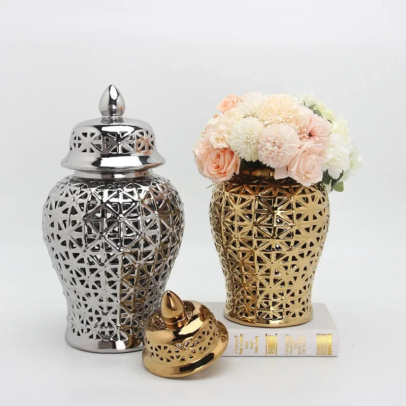 Modern Hollow Ceramic Ginger Jar Lid Home Decoration Vase and Ornaments