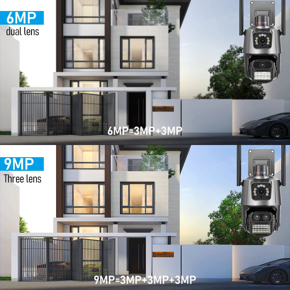 4K 9MP WIFI Three Lens Dual Screen Surveillance Camera 8X Hybrid Zoom Auto Tracking NVR