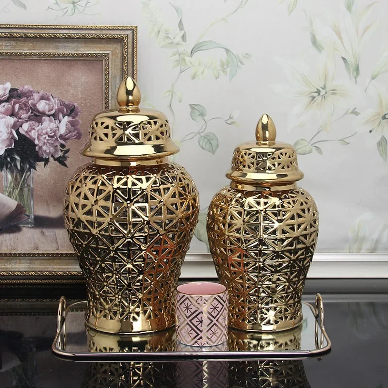Modern Hollow Ceramic Ginger Jar Lid Home Decoration Vase and Ornaments