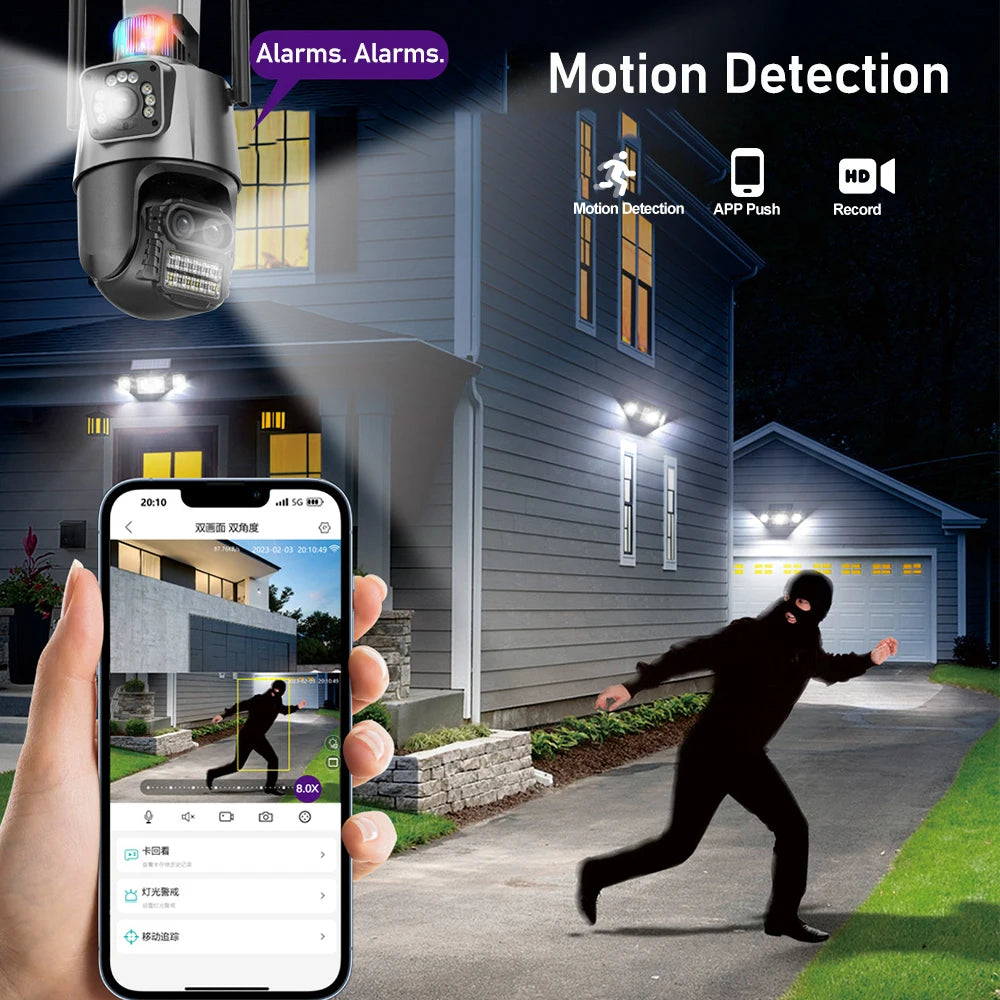 4K 9MP WIFI Three Lens Dual Screen Surveillance Camera 8X Hybrid Zoom Auto Tracking NVR