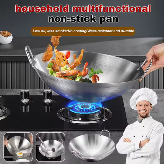 Stainless Steel Frying Pan Non-stick Double-ear Frying Pan Healthy Uncoated Thicker Material Suitable for Gas Stoves Even Heat